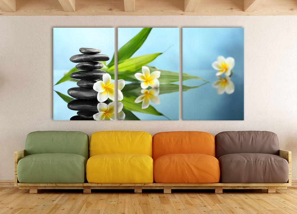 Zen Steinturm Monoi Blüten, XXL Leinwandbild als 3 Teiler