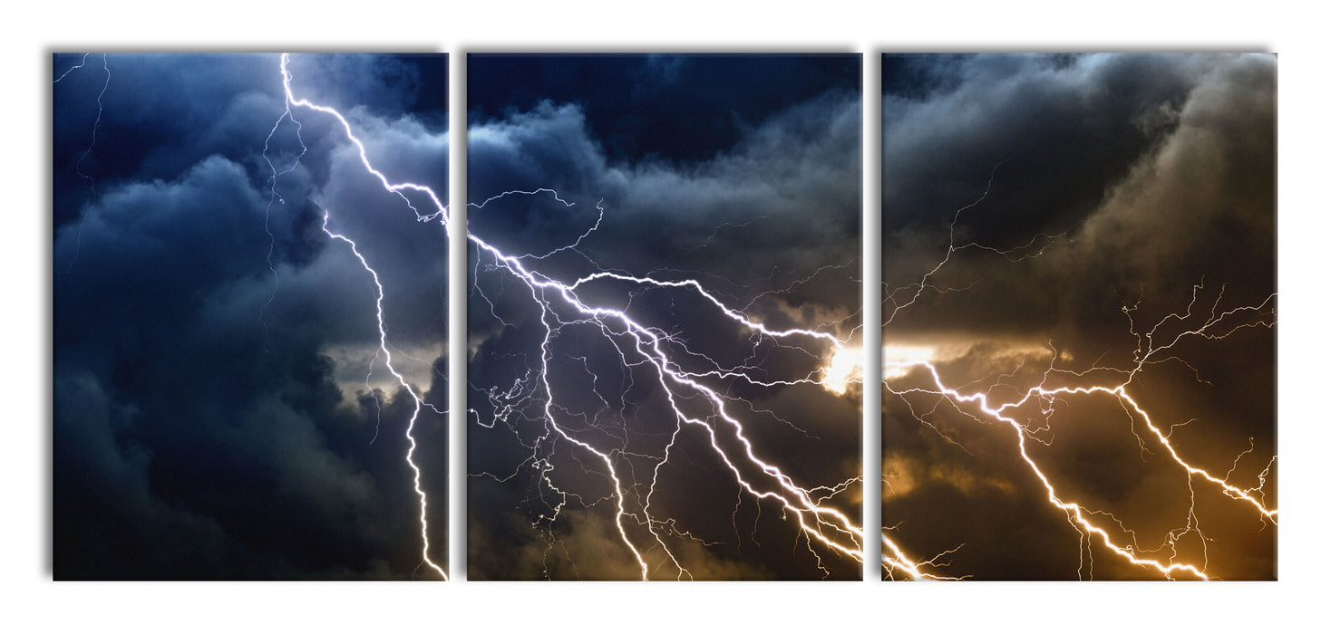 Blitzeinschlag am Himmelszelt, XXL Leinwandbild als 3 Teiler
