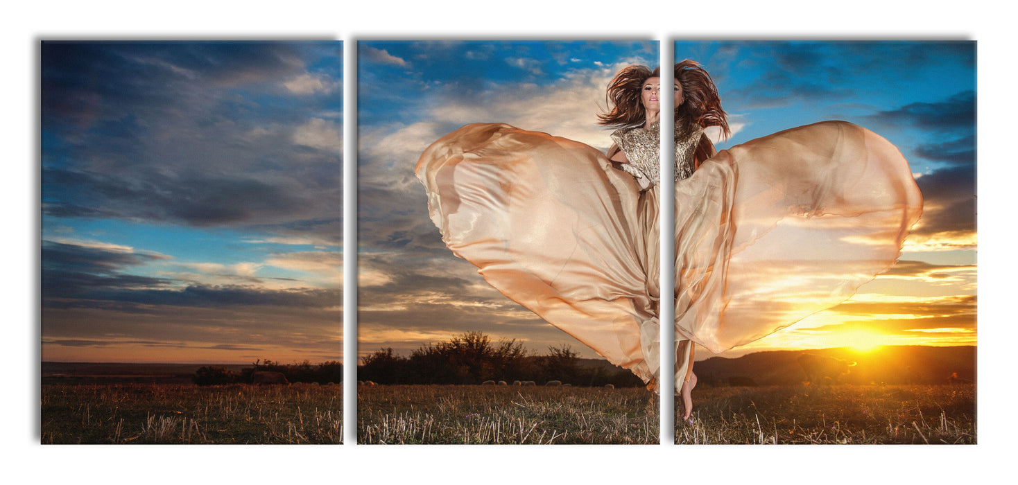 Frau mit Kleid bei Sonnenuntergang, XXL Leinwandbild als 3 Teiler