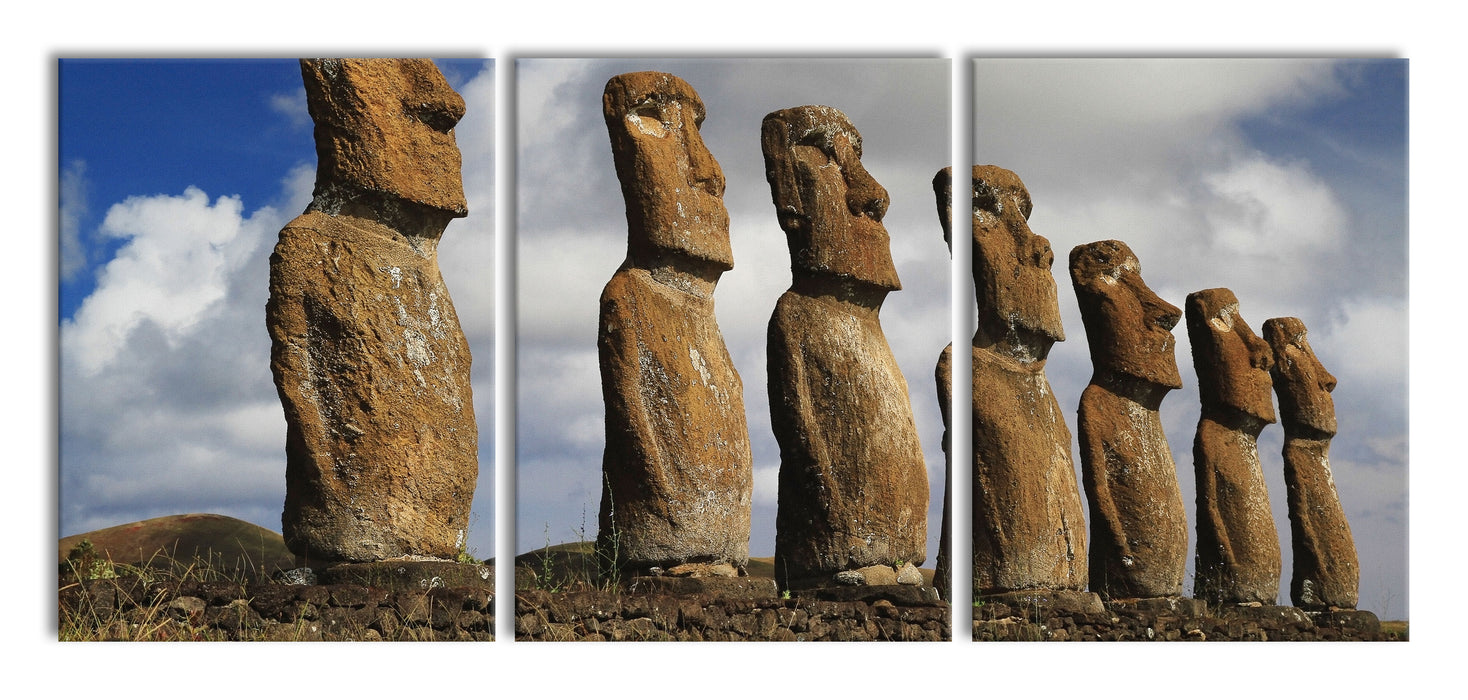 Moai Statuen auf den Osterinseln, XXL Leinwandbild als 3 Teiler