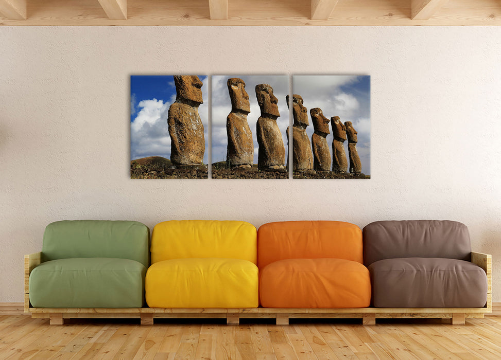 Moai Statuen auf den Osterinseln, XXL Leinwandbild als 3 Teiler