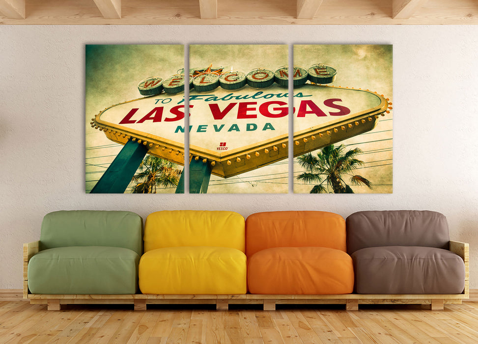 Las Vegas Ortsschild, XXL Leinwandbild als 3 Teiler