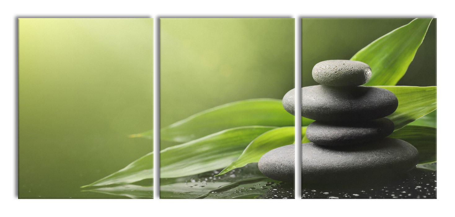 Zen Steine mit Blätern, XXL Leinwandbild als 3 Teiler