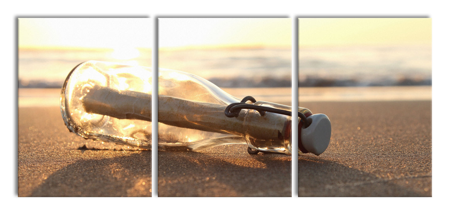 Flaschenpost am Strand, XXL Leinwandbild als 3 Teiler