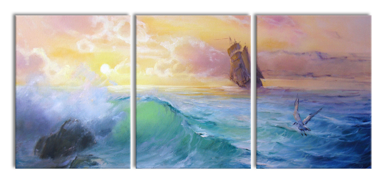 Sturm überm Meer Kunst, XXL Leinwandbild als 3 Teiler