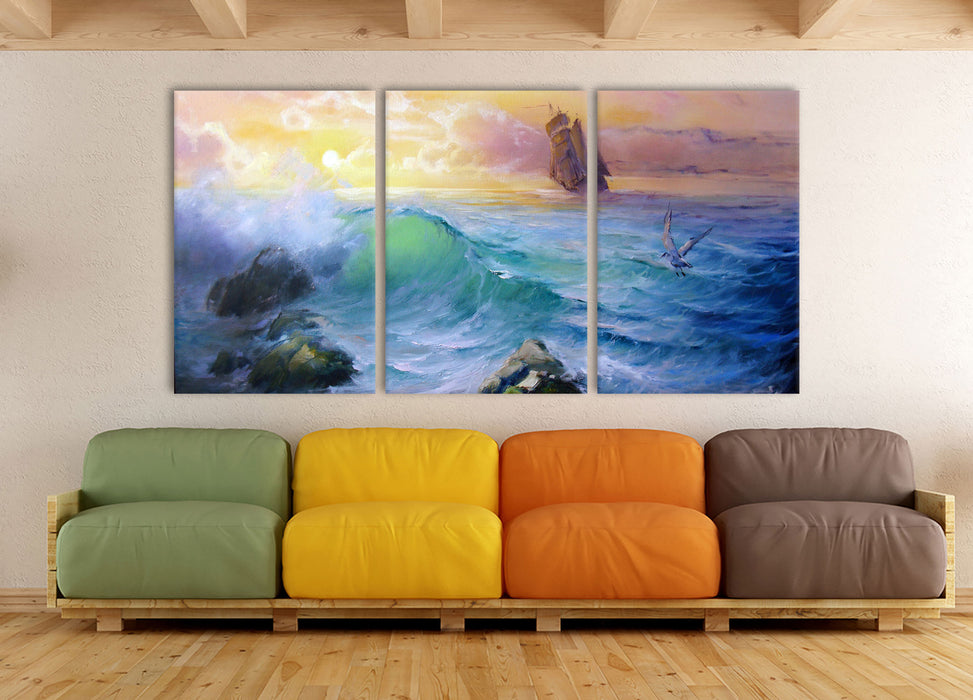 Sturm überm Meer Kunst, XXL Leinwandbild als 3 Teiler