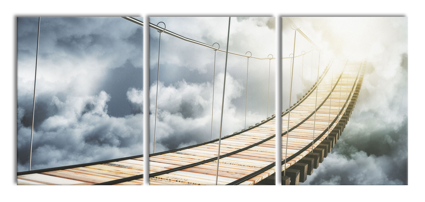 Hölzerne Brücke in den Wolken, XXL Leinwandbild als 3 Teiler