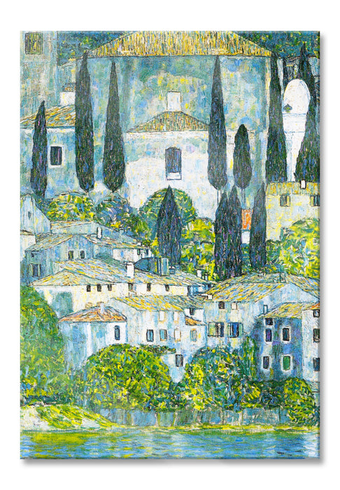 Pixxprint Gustav Klimt - Kirche in Cassone Landschaft mit Zypressen, Glasbild