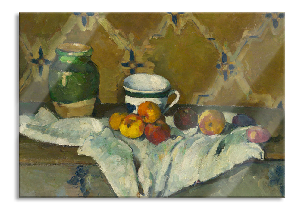 Paul Cézanne  - Stillleben mit Krug Tasse und Äpfel, Glasbild