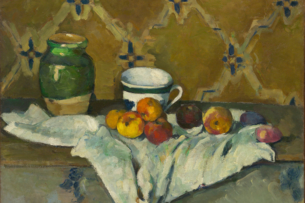 Paul Cézanne  - Stillleben mit Krug Tasse und Äpfel, Glasbild