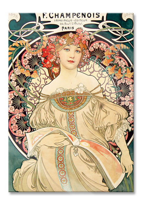 Alfons Mucha - Frau umringt von Blumen, Glasbild