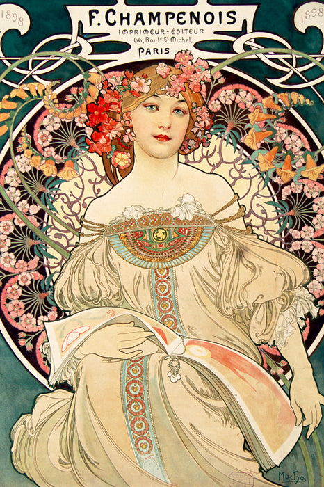 Alfons Mucha - Frau umringt von Blumen, Glasbild