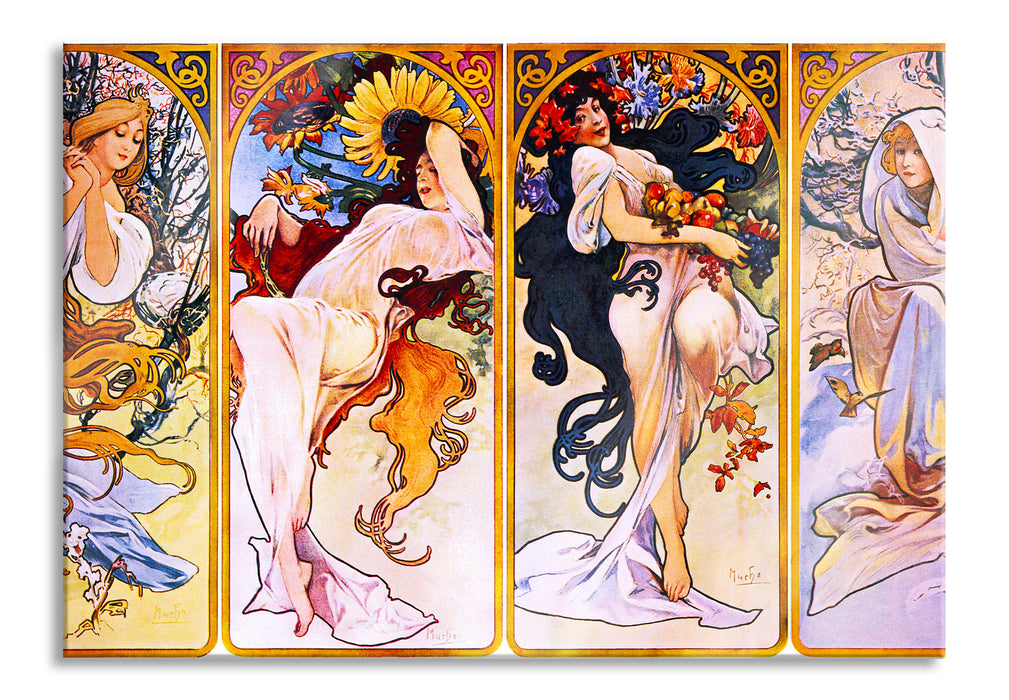 Pixxprint Alfons Mucha - Vier Jahreszeiten , Glasbild