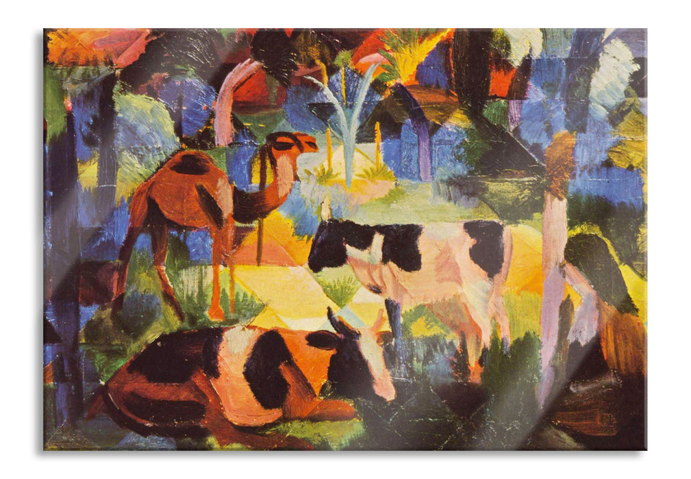 August Macke - Landschaft mit Kühen und Kamel, Glasbild