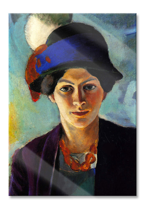 August Macke - Frau des Künstlers mit Hut, Glasbild