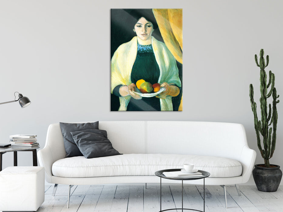 August Macke - Frau des Künstlers mit Äpfeln , Glasbild