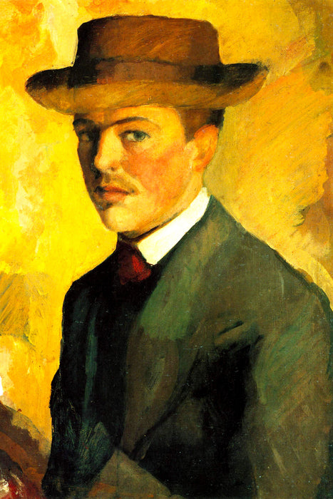 August Macke - Selbstportrait mit Hut , Glasbild