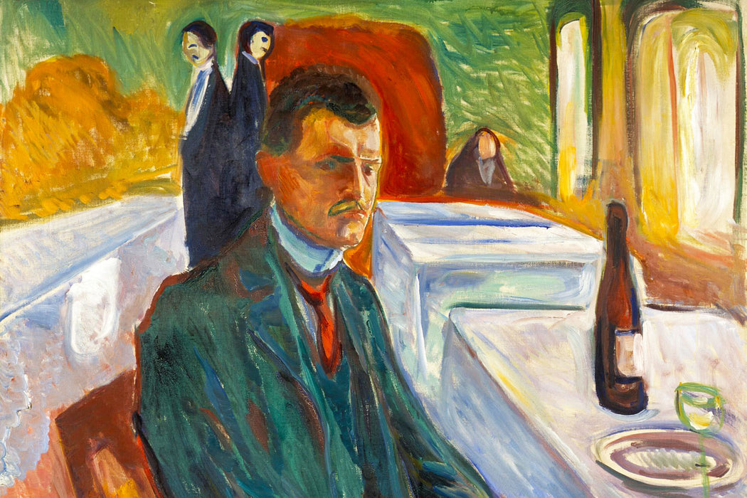 Edvard Munch - Selbstpotrait mit einer Flasche Wein , Glasbild