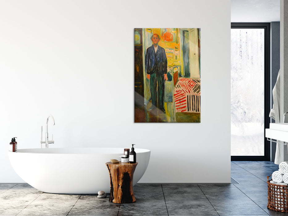 Edvard Munch - Selbstbildnis zwischen Uhr und Bett , Glasbild