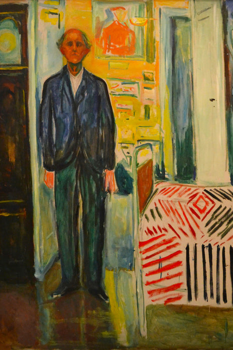 Edvard Munch - Selbstbildnis zwischen Uhr und Bett , Glasbild