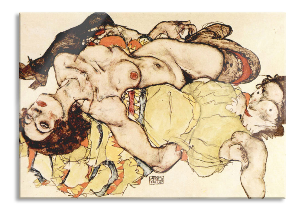 Egon Schiele - Sich liebende Frauen , Glasbild