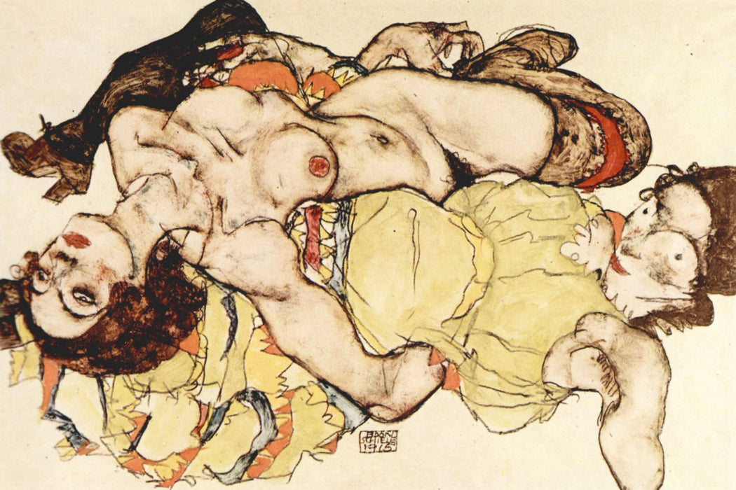 Egon Schiele - Sich liebende Frauen , Glasbild