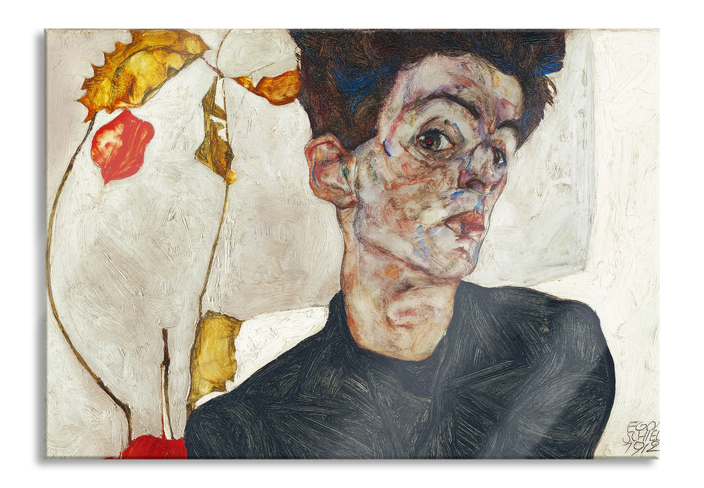 Egon Schiele - Selbstportrait mit Physalis, Glasbild