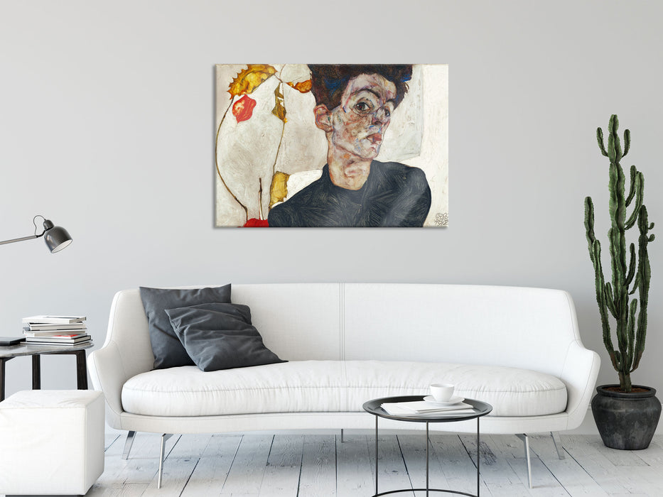 Egon Schiele - Selbstportrait mit Physalis, Glasbild