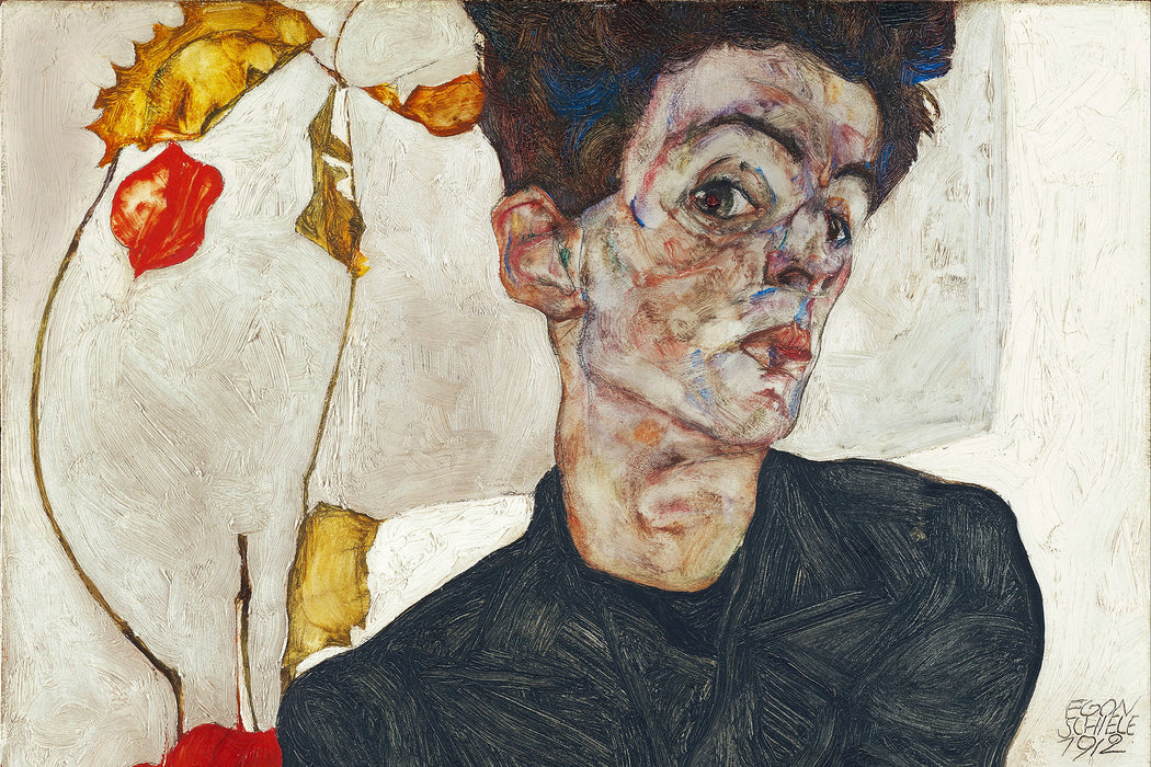 Egon Schiele - Selbstportrait mit Physalis, Glasbild