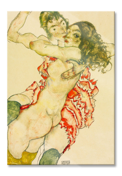 Pixxprint Egon Schiele - Zwei sich umarmende Frauen , Glasbild