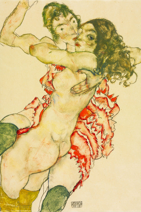 Egon Schiele - Zwei sich umarmende Frauen , Glasbild