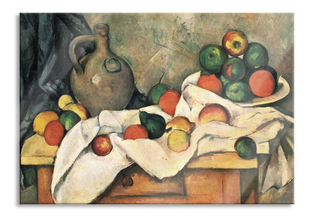 Pixxprint Paul Cézanne - Stillleben mit Vorhang Krug und Obstsc, Glasbild