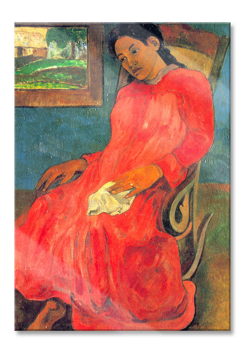 Paul Gauguin - Frau im rotem Kleid , Glasbild