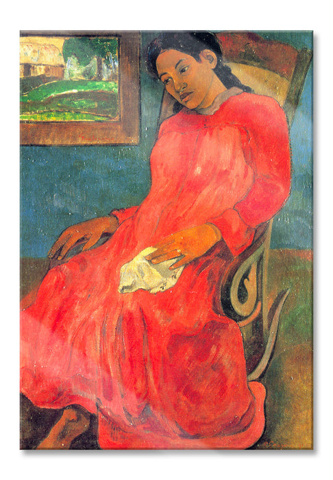 Pixxprint Paul Gauguin - Frau im rotem Kleid , Glasbild