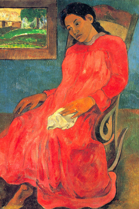 Paul Gauguin - Frau im rotem Kleid , Glasbild