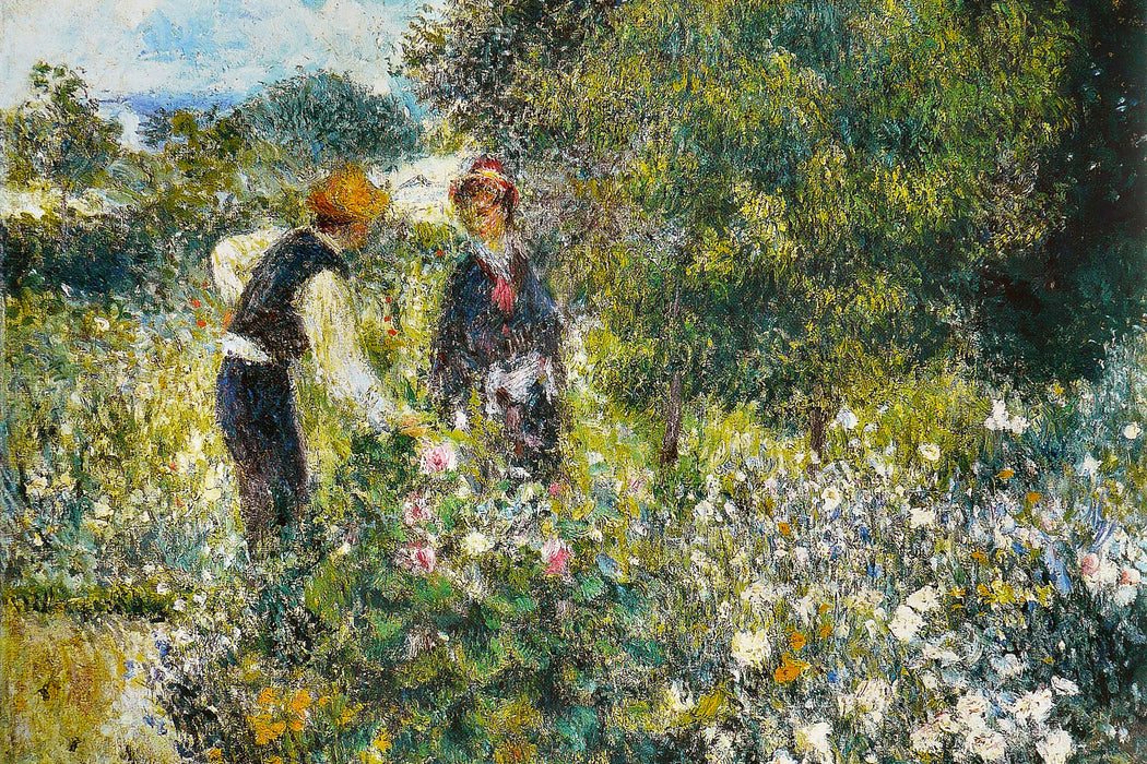 Pierre-Auguste Renoir - Blumen pflücken , Glasbild