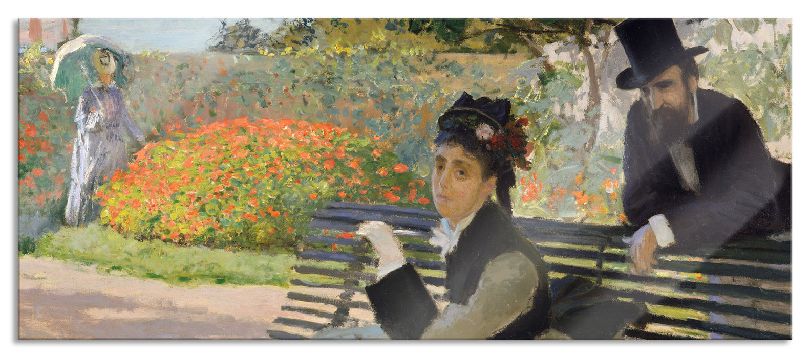 Pixxprint Claude Monet - Camille Monet auf einer Gartenbank, Glasbild Panorama