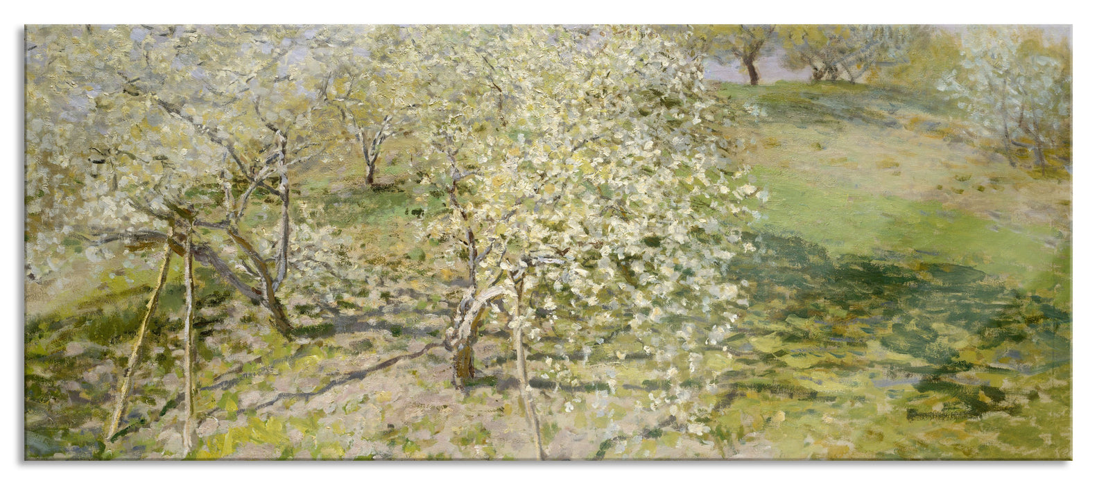 Claude Monet - Frühling Apfelbäume in der Blüte, Glasbild Panorama