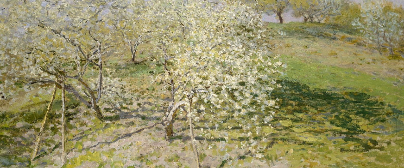 Claude Monet - Frühling Apfelbäume in der Blüte, Glasbild Panorama