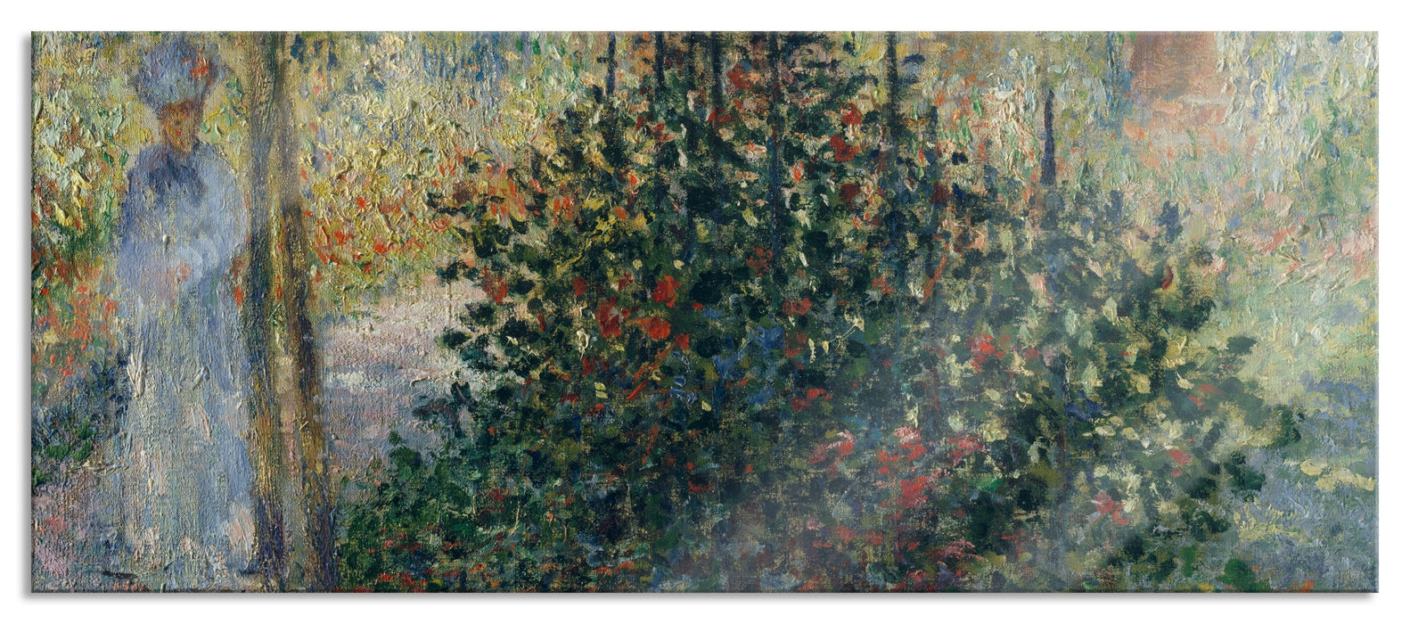 Pixxprint Claude Monet - Camille Monet im Garten in Argenteuil, Glasbild Panorama