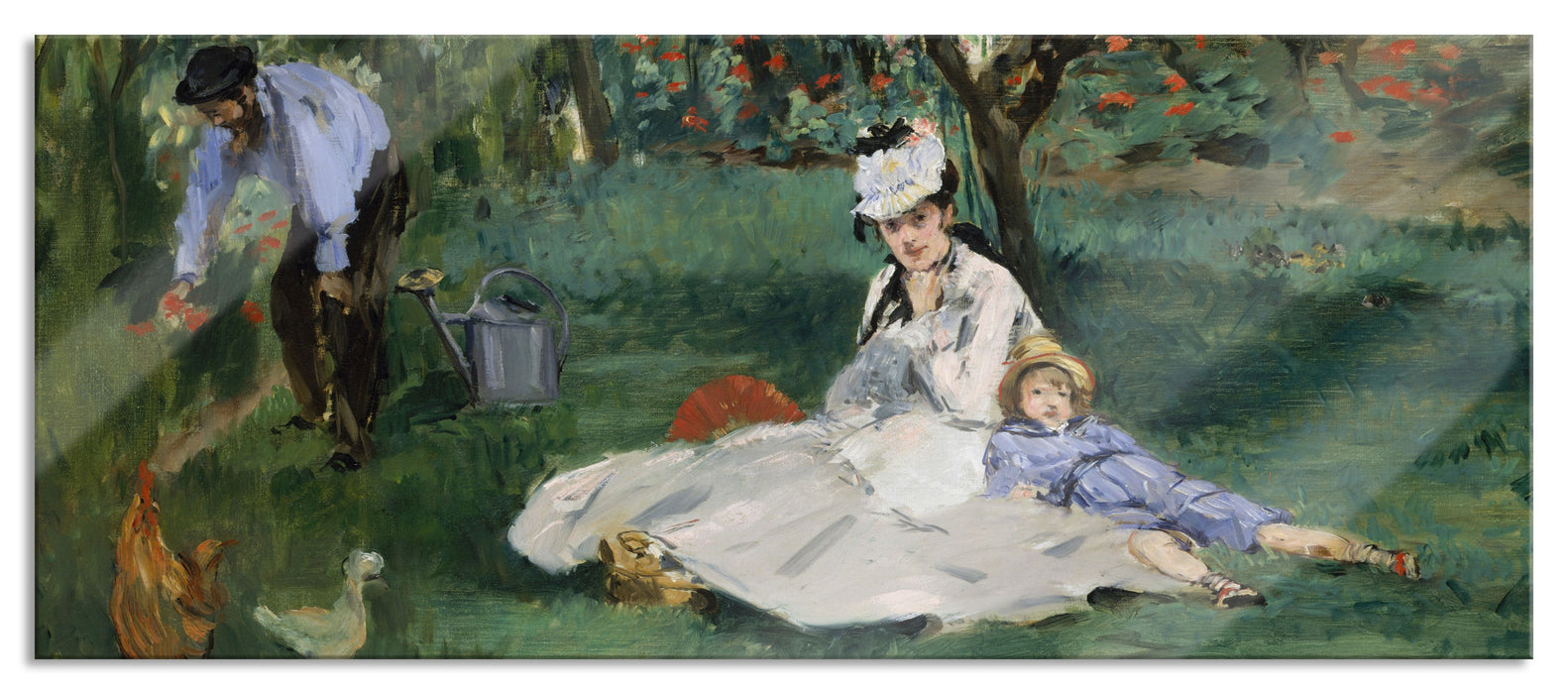 Claude Monet - Die Familie Monet in ihrem Garten, Glasbild Panorama