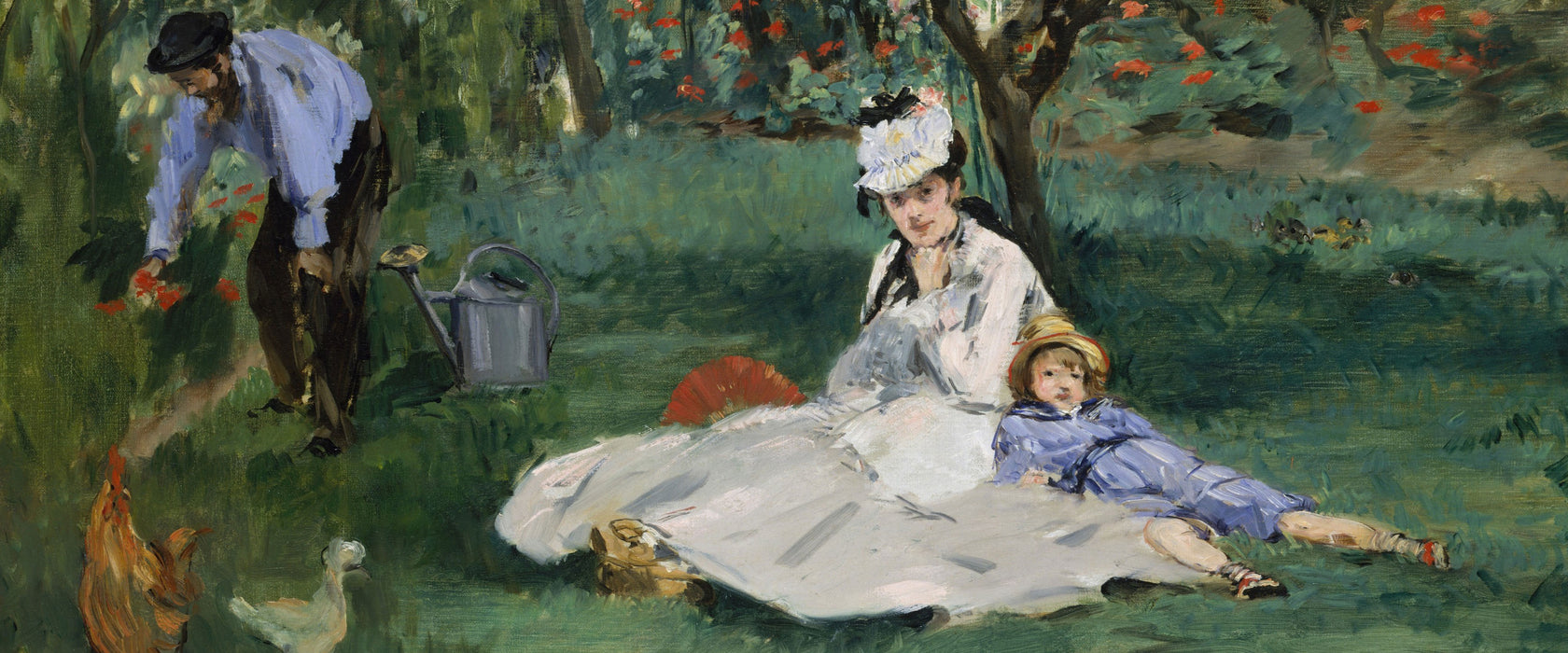 Claude Monet - Die Familie Monet in ihrem Garten, Glasbild Panorama