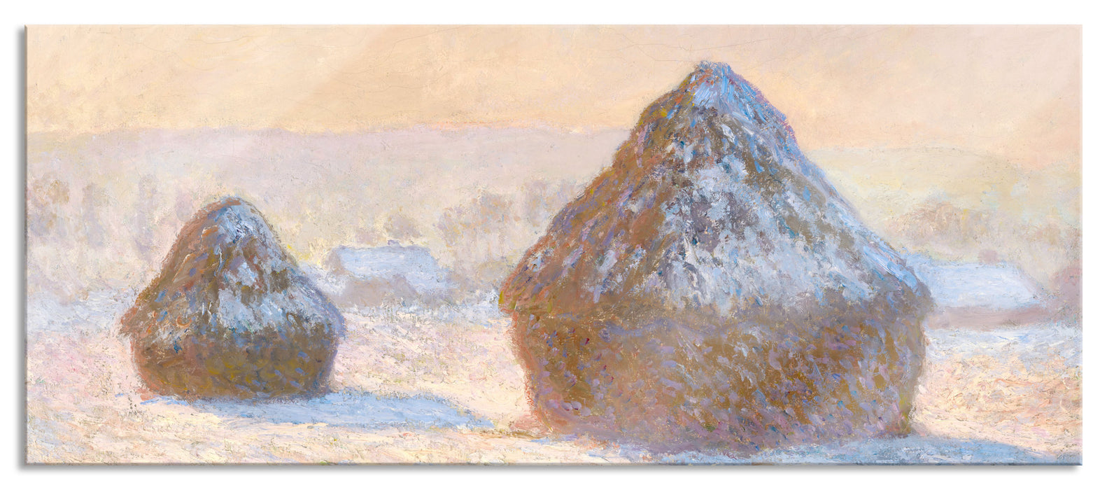 Pixxprint Claude Monet - Heuschober am Morgen Schneeeffekt, Glasbild Panorama