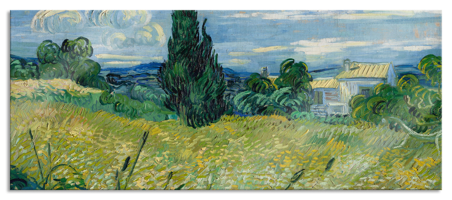 Pixxprint Vincent Van Gogh - Grünes Weizenfeld mit Zypressen, Glasbild Panorama