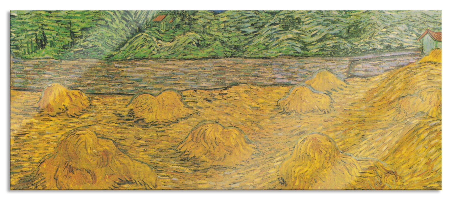 Pixxprint Vincent Van Gogh - Landschaft mit Weizenhaufen, Glasbild Panorama