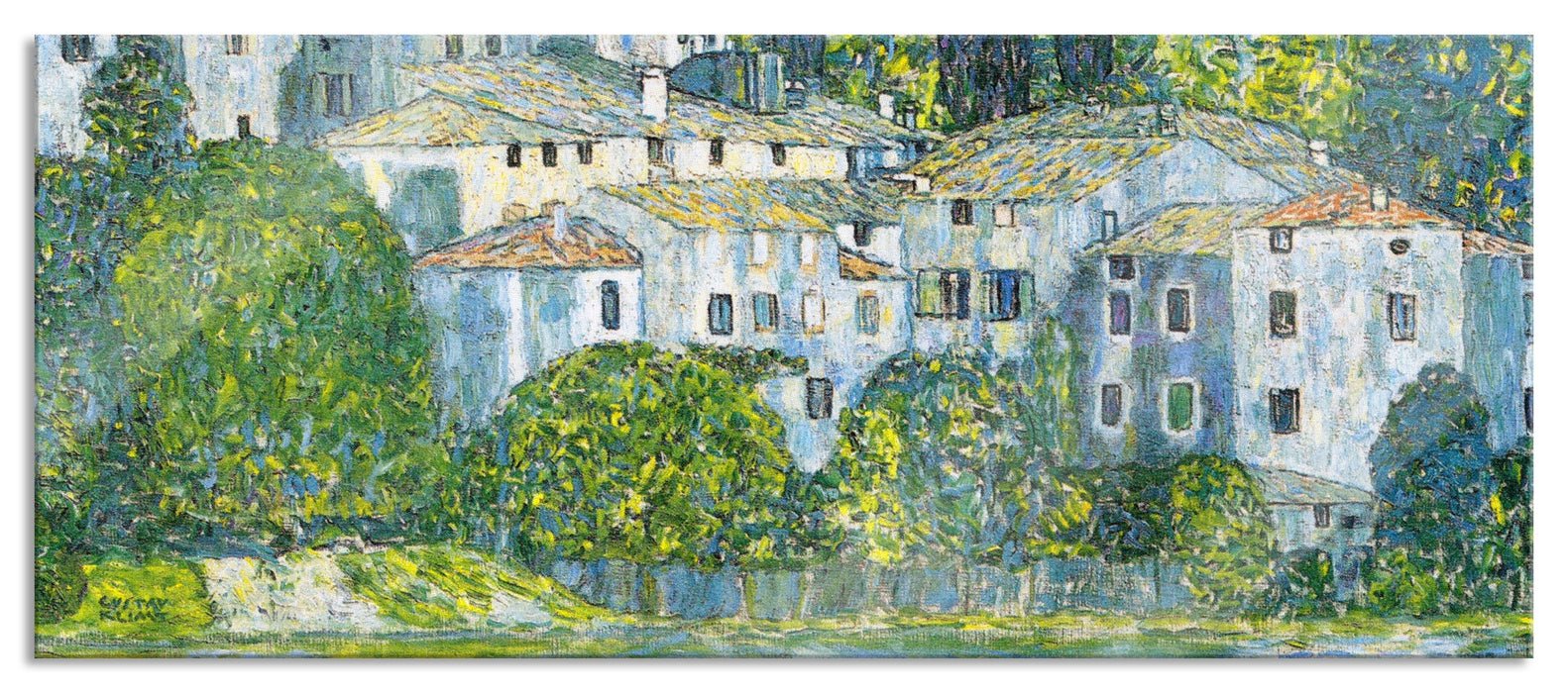 Pixxprint Gustav Klimt - Kirche in Cassone Landschaft mit Zypressen, Glasbild Panorama