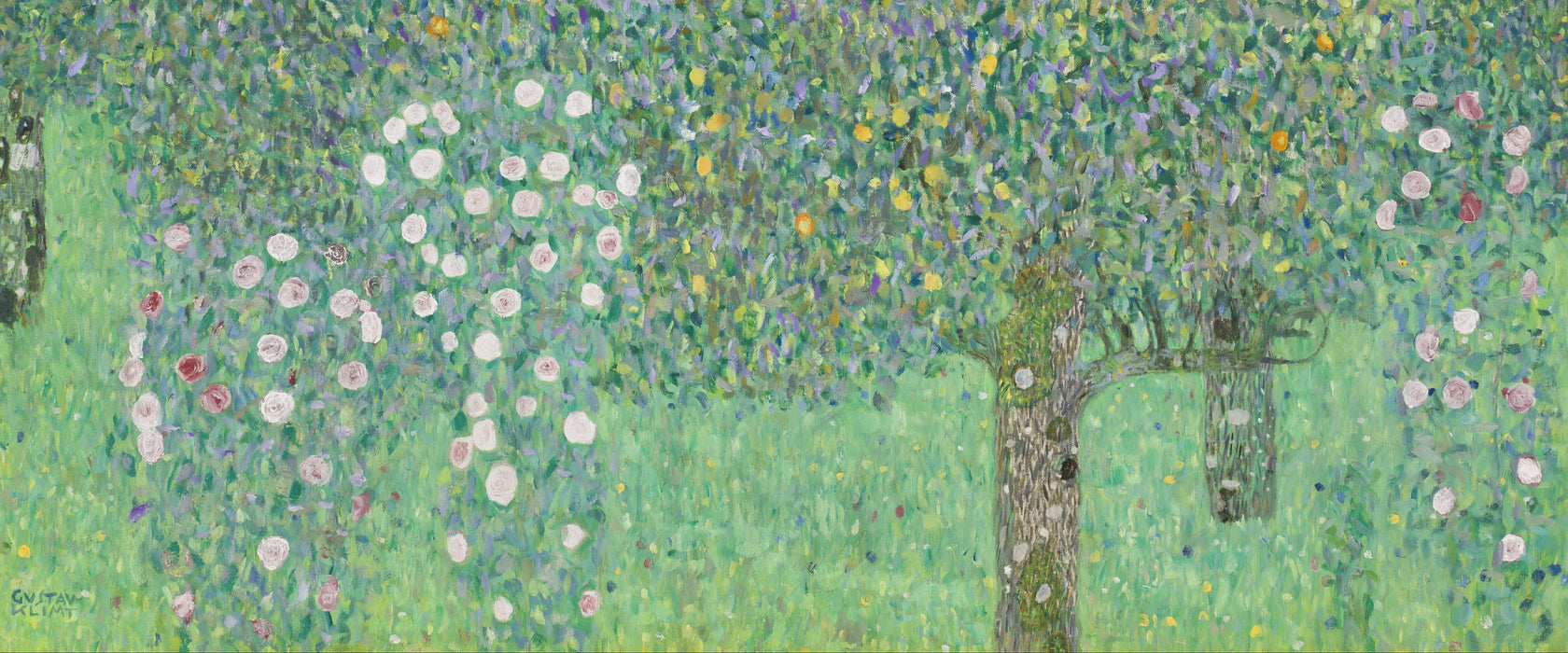 Gustav Klimt - Rosen unter Bäumen, Glasbild Panorama
