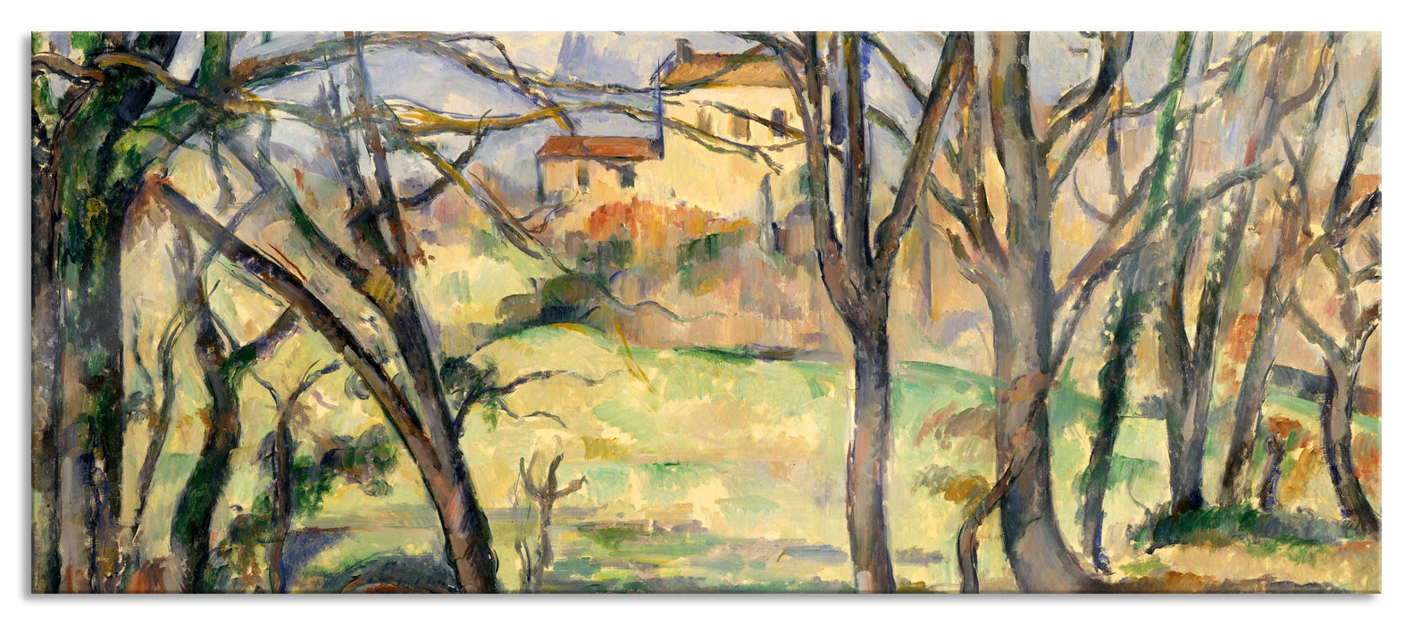 Pixxprint Paul Cézanne - Bäume und Häuser nahe des Jas de Bouff, Glasbild Panorama