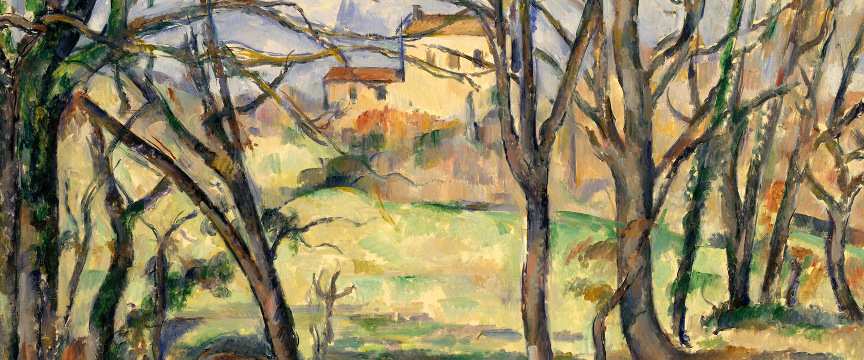 Paul Cézanne  - Bäume und Häuser nahe des Jas de Bouff, Glasbild Panorama