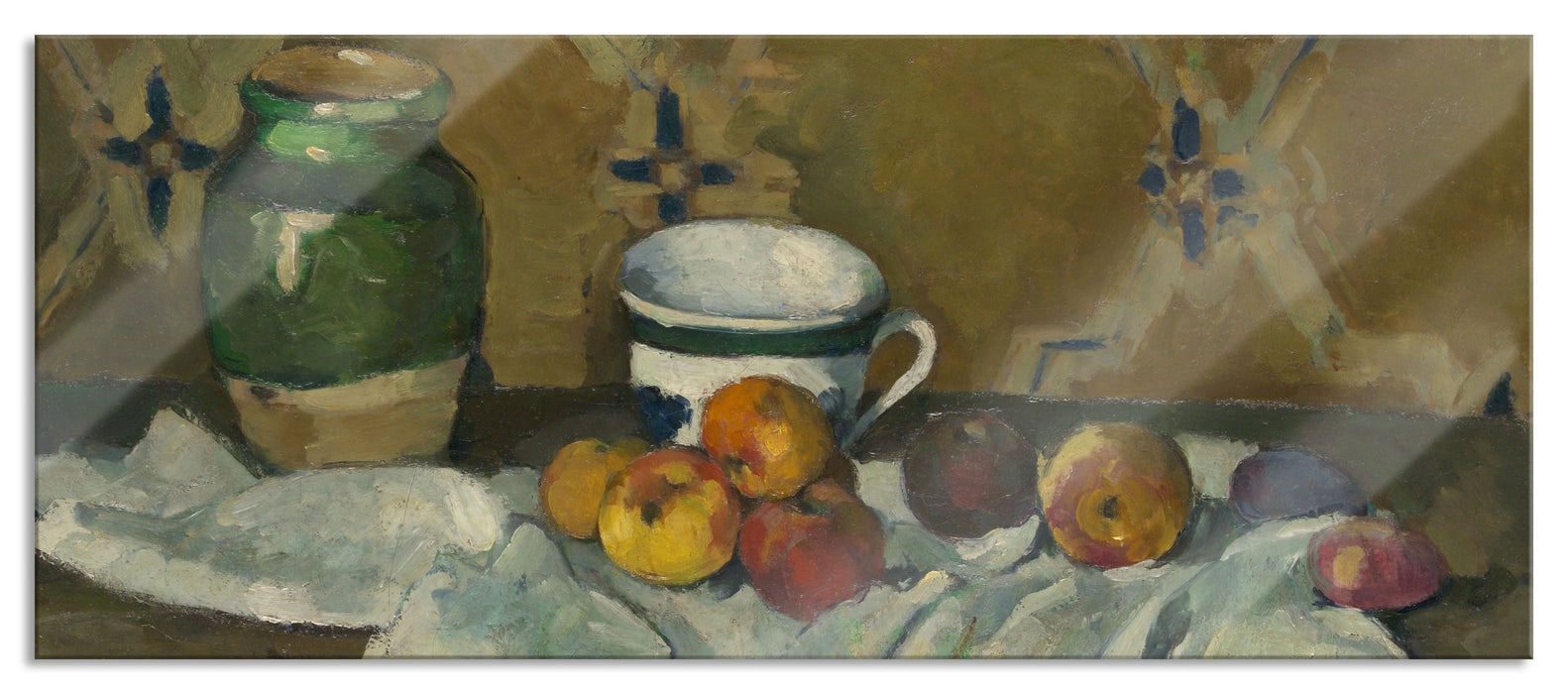 Pixxprint Paul Cézanne - Stillleben mit Krug Tasse und Äpfel, Glasbild Panorama